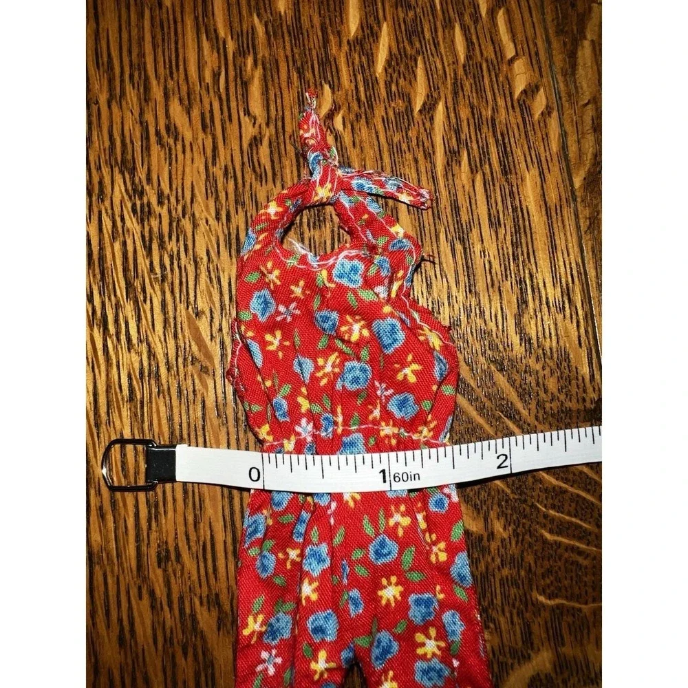 VTG 1970s Barbie Style Red Floral Jumpsuit Handmade 70s Doll Clothes OOAK EUC